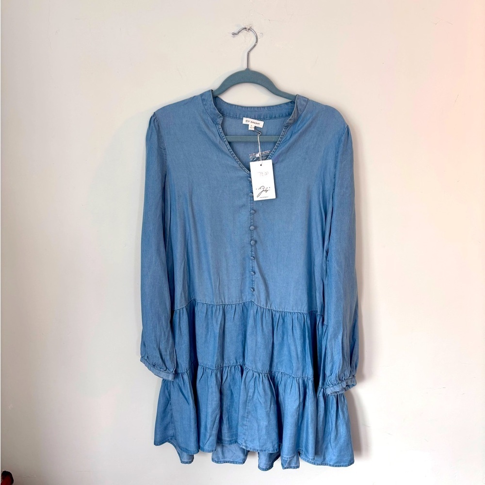 Blu Pepper Women’s NWT Long Sleeve Blue Chambray Tier Ruffle Midi Size Large